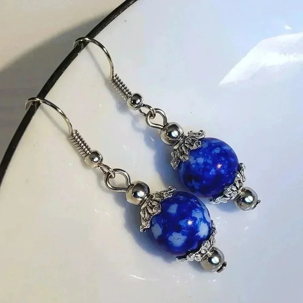 Art Nouveau Mottled Cobalt Blue White Glass Beads Antiqued Silver Earrings